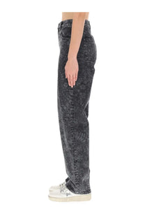 Golden goose women’s black jeans in dark gray denim with faded distressed texture and classic five-pocket design