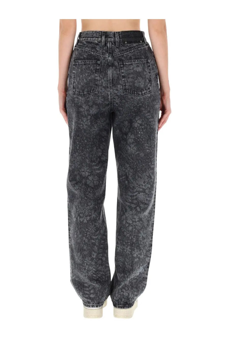 High-waisted black denim Golden Goose women’s jeans with a faded textured pattern and classic back pockets shown from the back