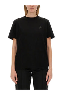 Golden Goose women’s black jersey short-sleeved t-shirt with subtle dark gray star logo on left chest