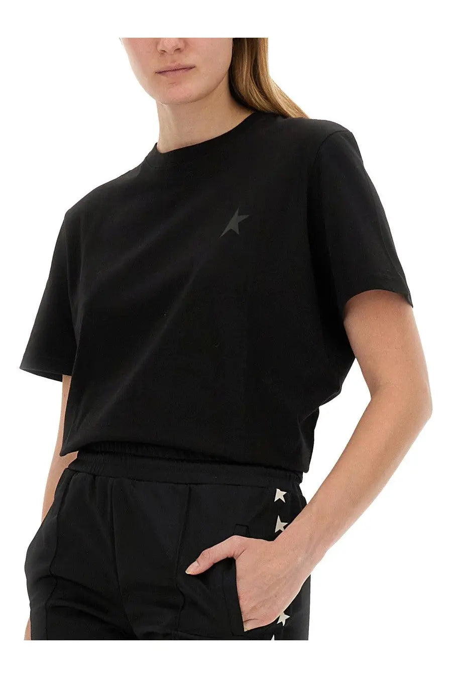Golden Goose women’s black jersey shirt with short sleeves gray star on chest and white stars along side seam