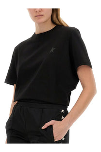 Golden Goose women’s black jersey shirt with short sleeves gray star on chest and white stars along side seam