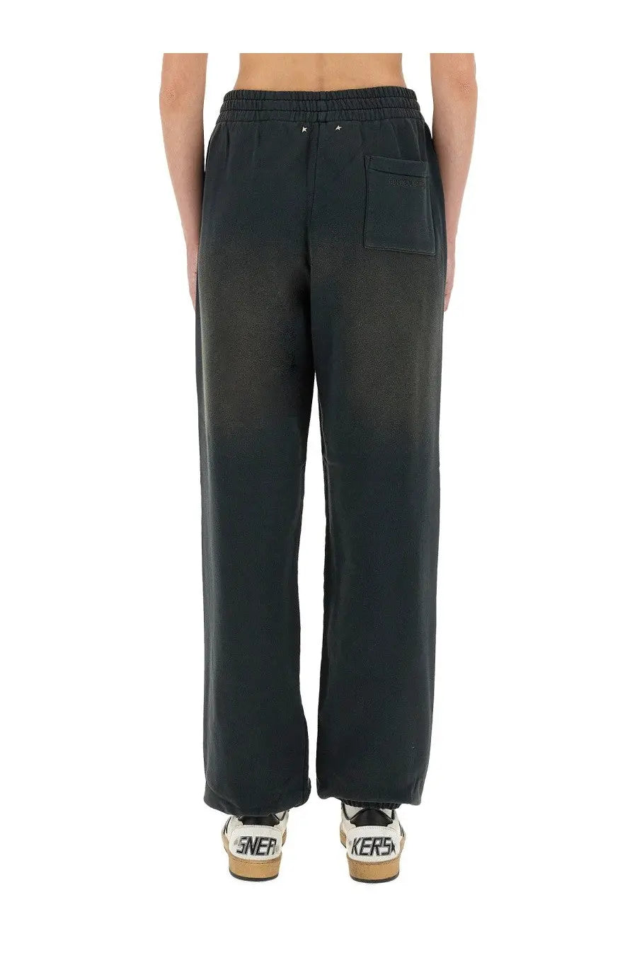Back view of golden goose women’s black wide-leg sweatpants with elastic waistband and single patch pocket