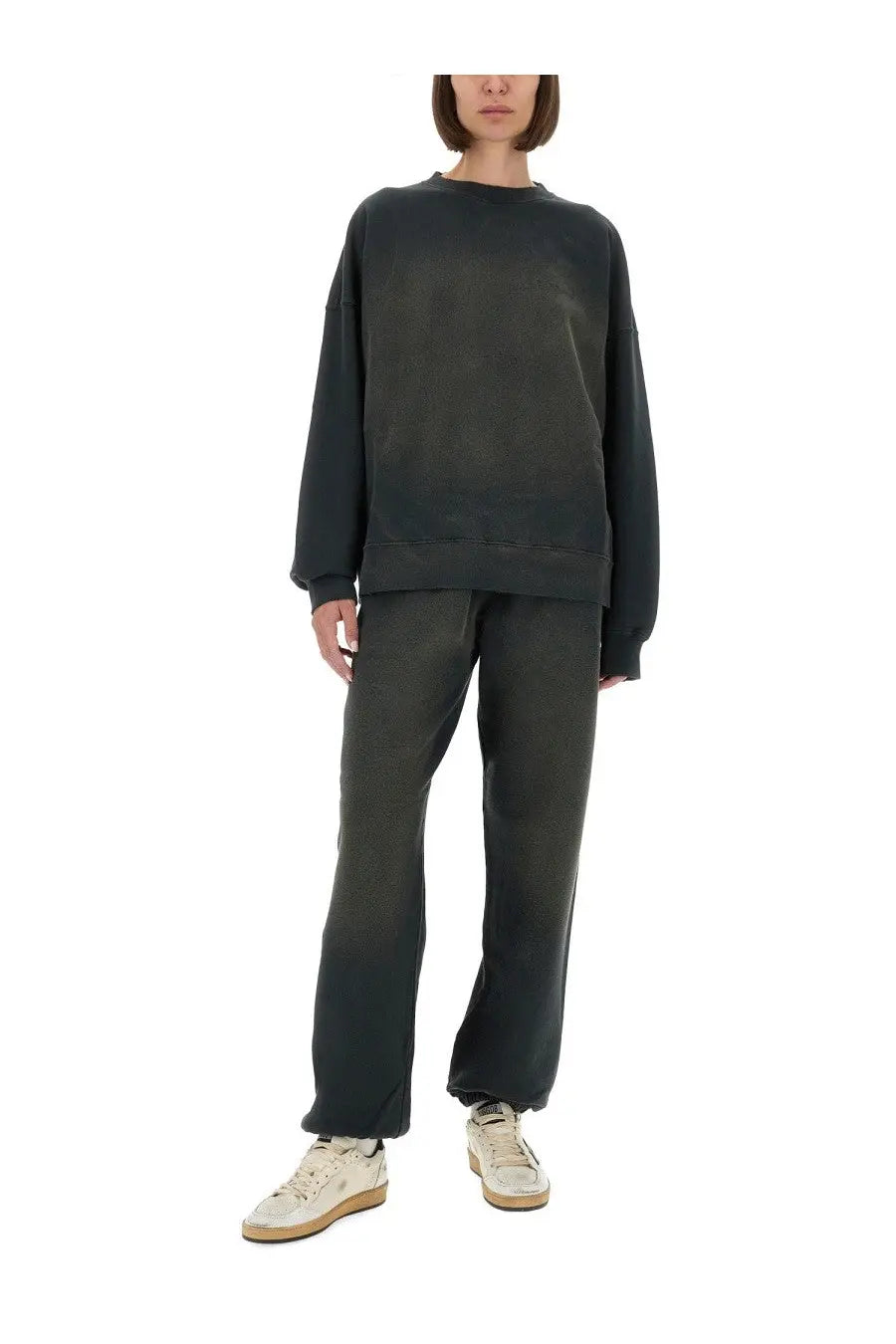 Dark olive green oversized sweatshirt with relaxed fit and ribbed cuffs paired with golden goose women’s grey jogging pants