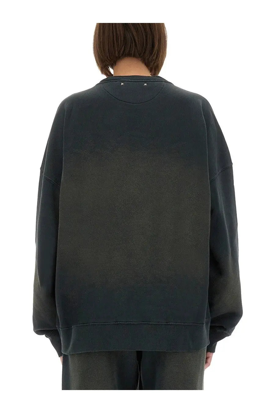 Dark gray oversized Golden Goose women’s Journey sweatshirt with faded gradient and metallic star details at neckline