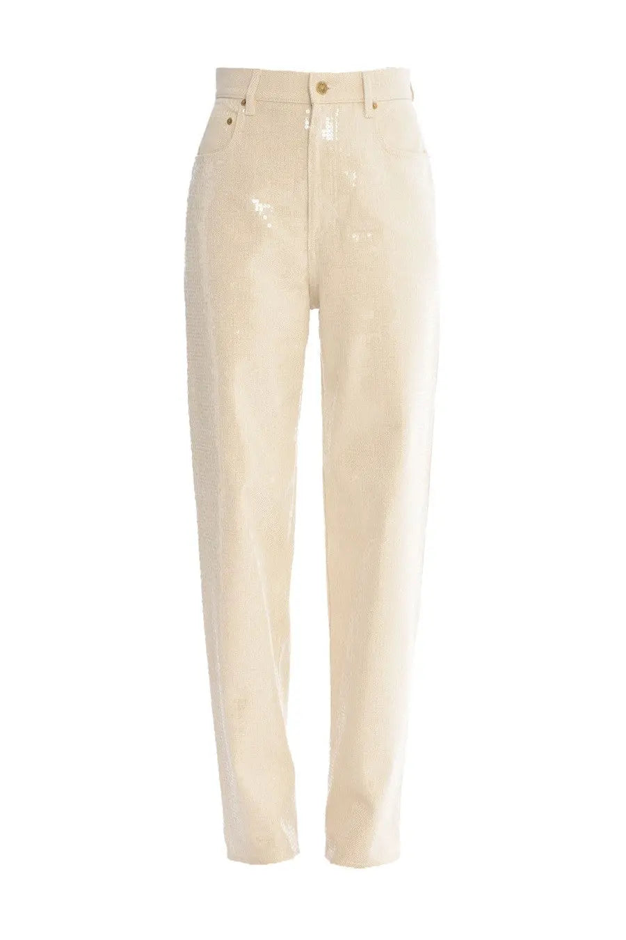 Golden Goose women’s Kim cream-colored glossy patent leather high waist pants with classic five-pocket design