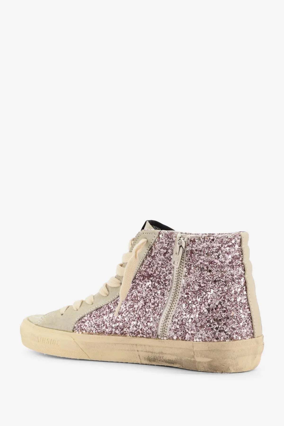 Golden Goose women’s leather sneakers beige with glittery lavender high-top design and distressed beige rubber sole