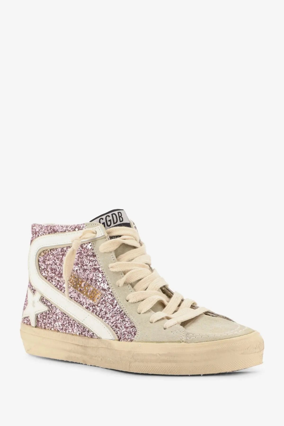Golden Goose women’s leather sneakers beige featuring glittery pink and white high-top with suede toe cap and cream laces