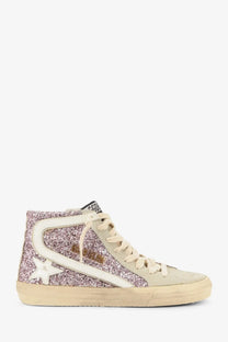 Golden Goose women’s leather sneakers in beige with pink glitter high-top, white star and stripe accents, and beige laces