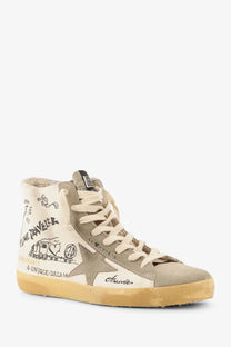 Golden goose women’s leather sneakers black beige high-top with distressed canvas and black time traveler illustrations
