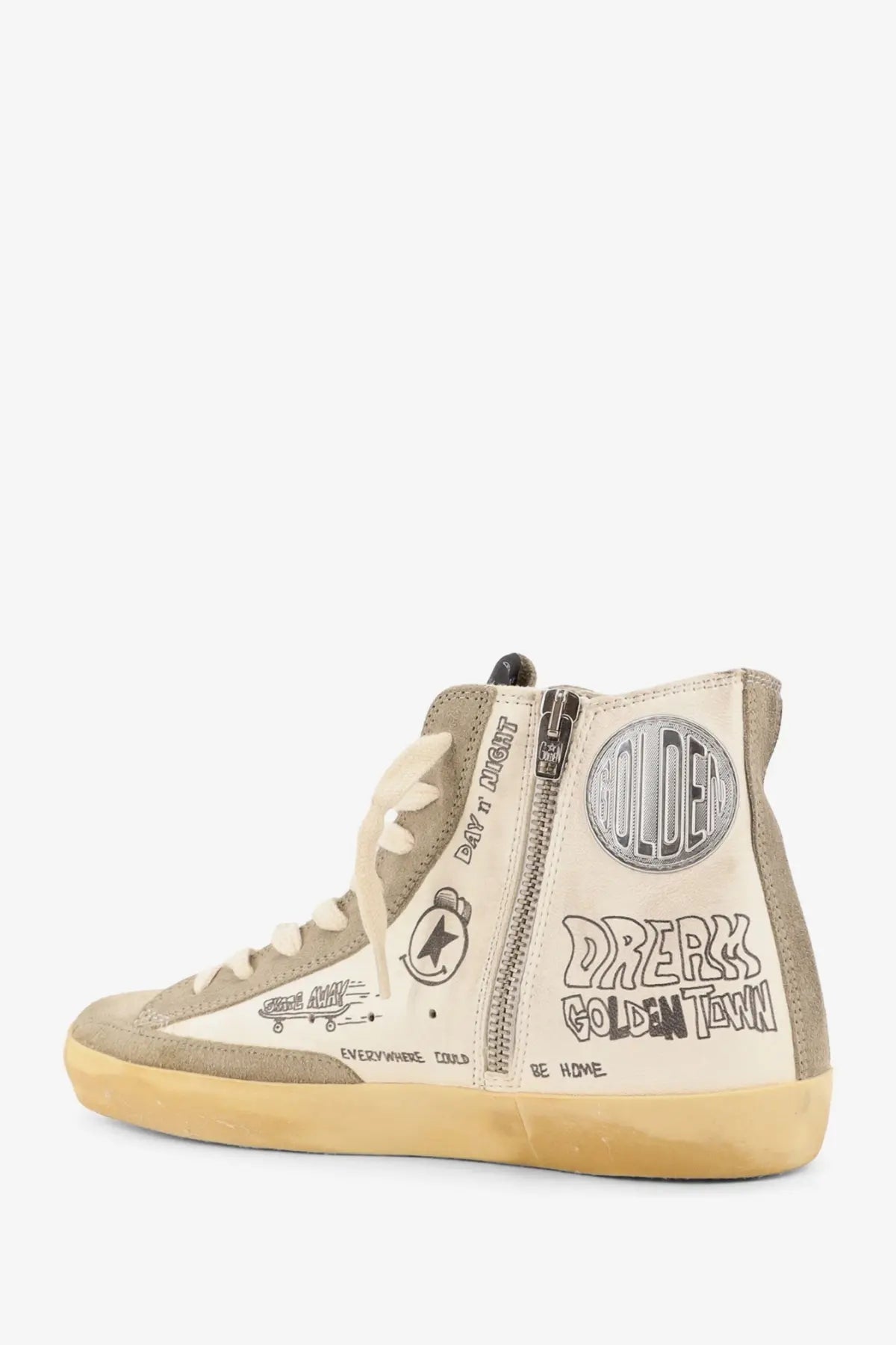 Golden Goose women’s leather sneaker beige high-top with gray suede and white canvas panels featuring black graffiti