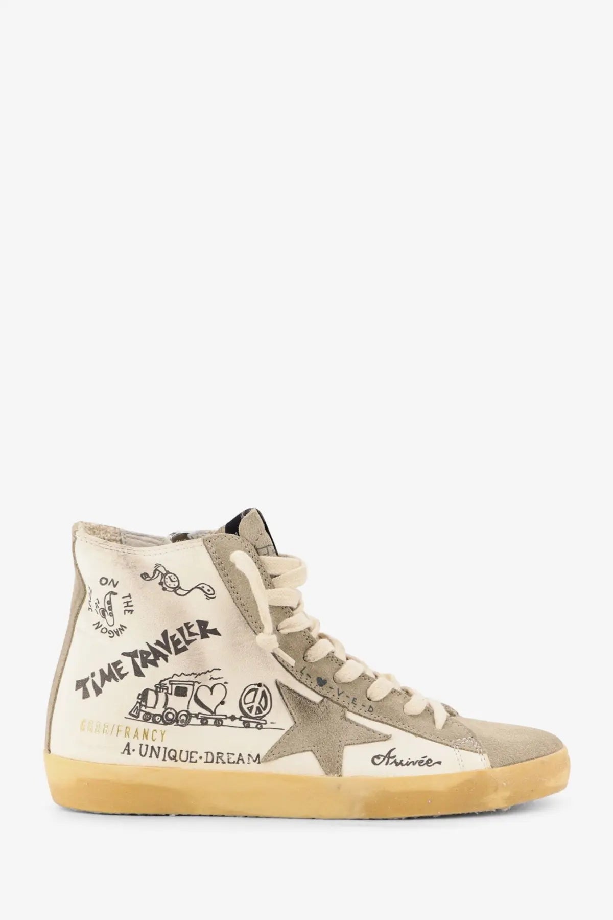 Golden Goose women’s leather high-top sneakers in cream with distressed beige suede and black train and star graphics