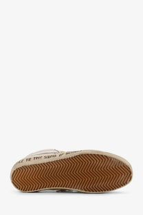 Back view of golden goose women’s white leather high-top sneaker with brown rubber sole and printed heel text