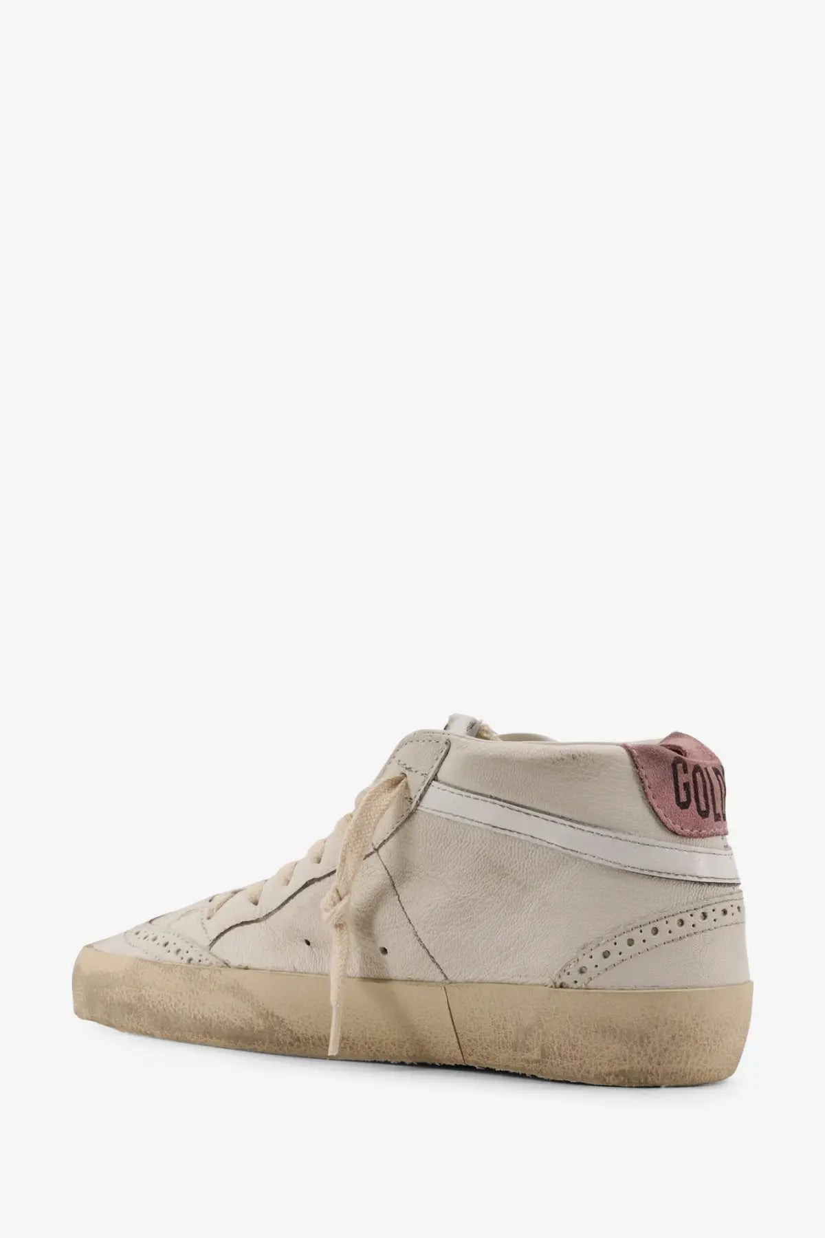 Cream-colored golden goose women leather high-top sneaker with distressed finish and pink branding on heel tab back view