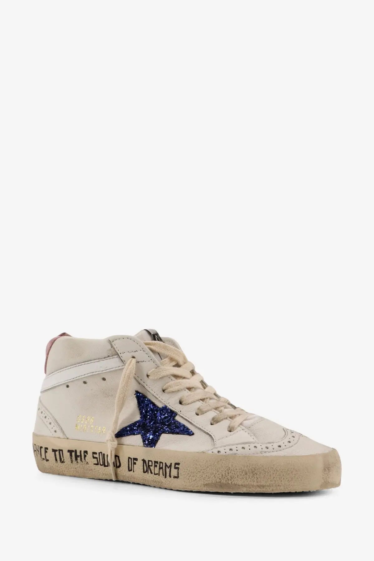 Golden Goose women’s cream suede high-top sneaker with a glittering blue star and distressed text on the sole