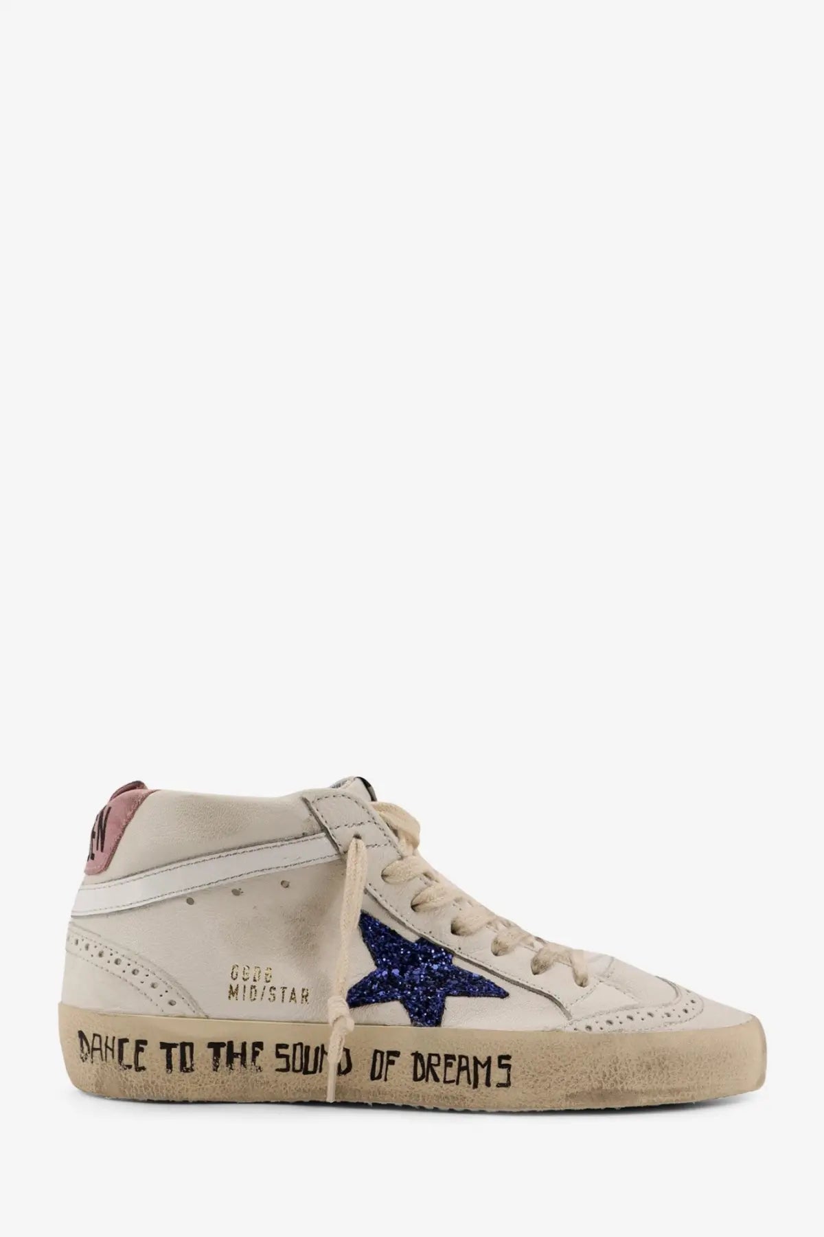 Golden Goose women’s white leather midstar sneakers with a glittering blue star and dance to the sound of dreams sole