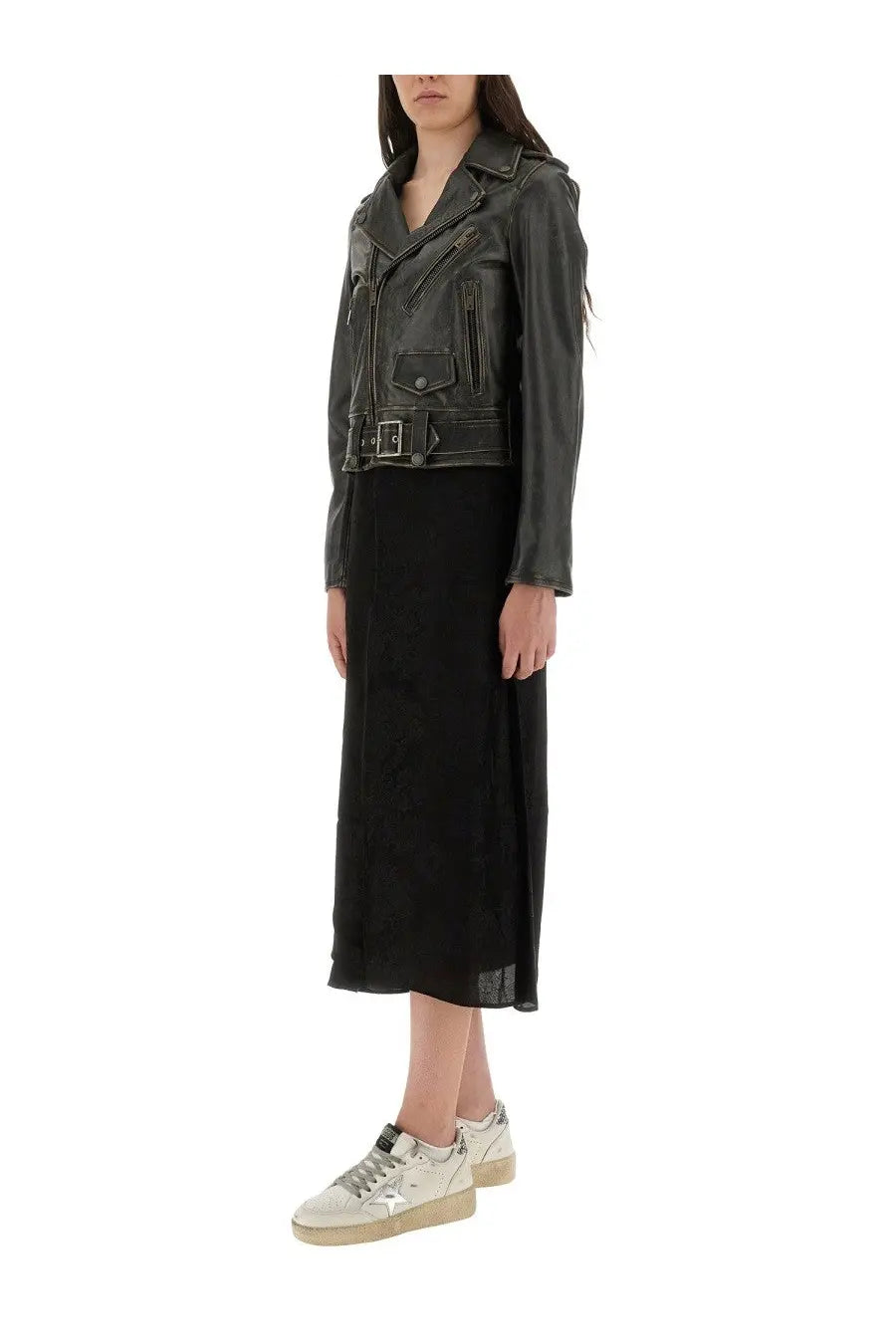 Golden goose women’s leather stud black black leather biker jacket with silver hardware and a belted waist