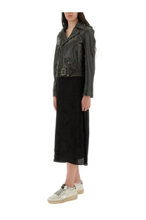 Golden goose women’s leather stud black black leather biker jacket with silver hardware and a belted waist