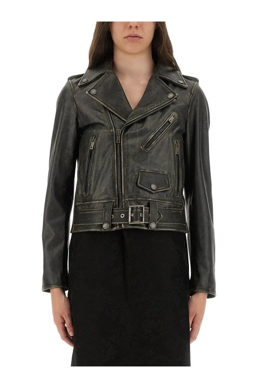 Dark gray leather biker jacket with silver zippers and belted waist from golden goose womens leather stud black collection