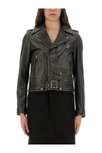 Dark gray leather biker jacket with silver zippers and belted waist from golden goose womens leather stud black collection