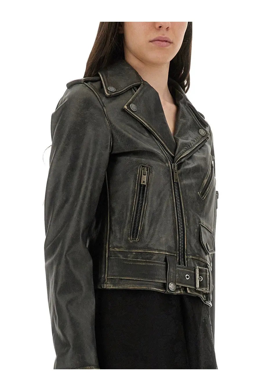 Golden goose women’s leather stud black dark gray distressed leather biker jacket with silver zippers and snap buttons