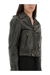 Golden goose women’s leather stud black dark gray distressed leather biker jacket with silver zippers and snap buttons
