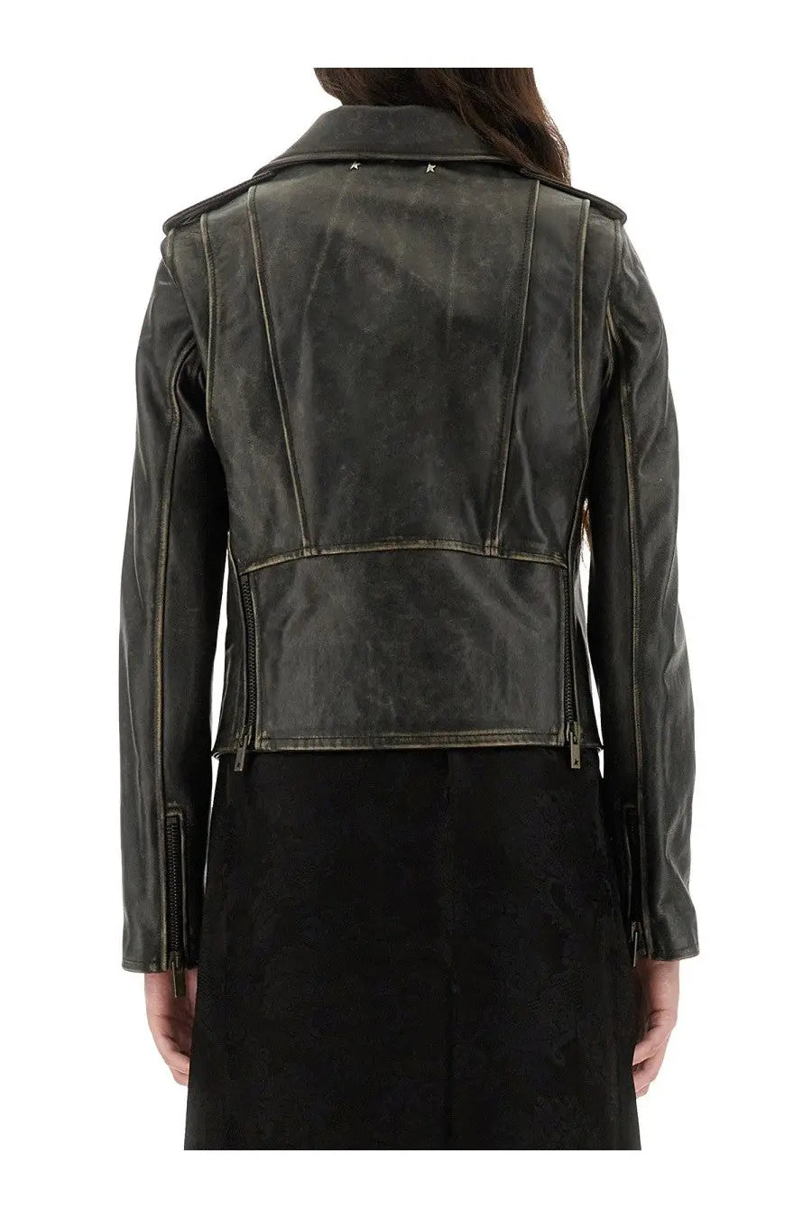 Golden Goose women’s black leather biker jacket with dark green distressed leather visible stitching and zippers