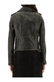 Golden Goose women’s black leather biker jacket with dark green distressed leather visible stitching and zippers