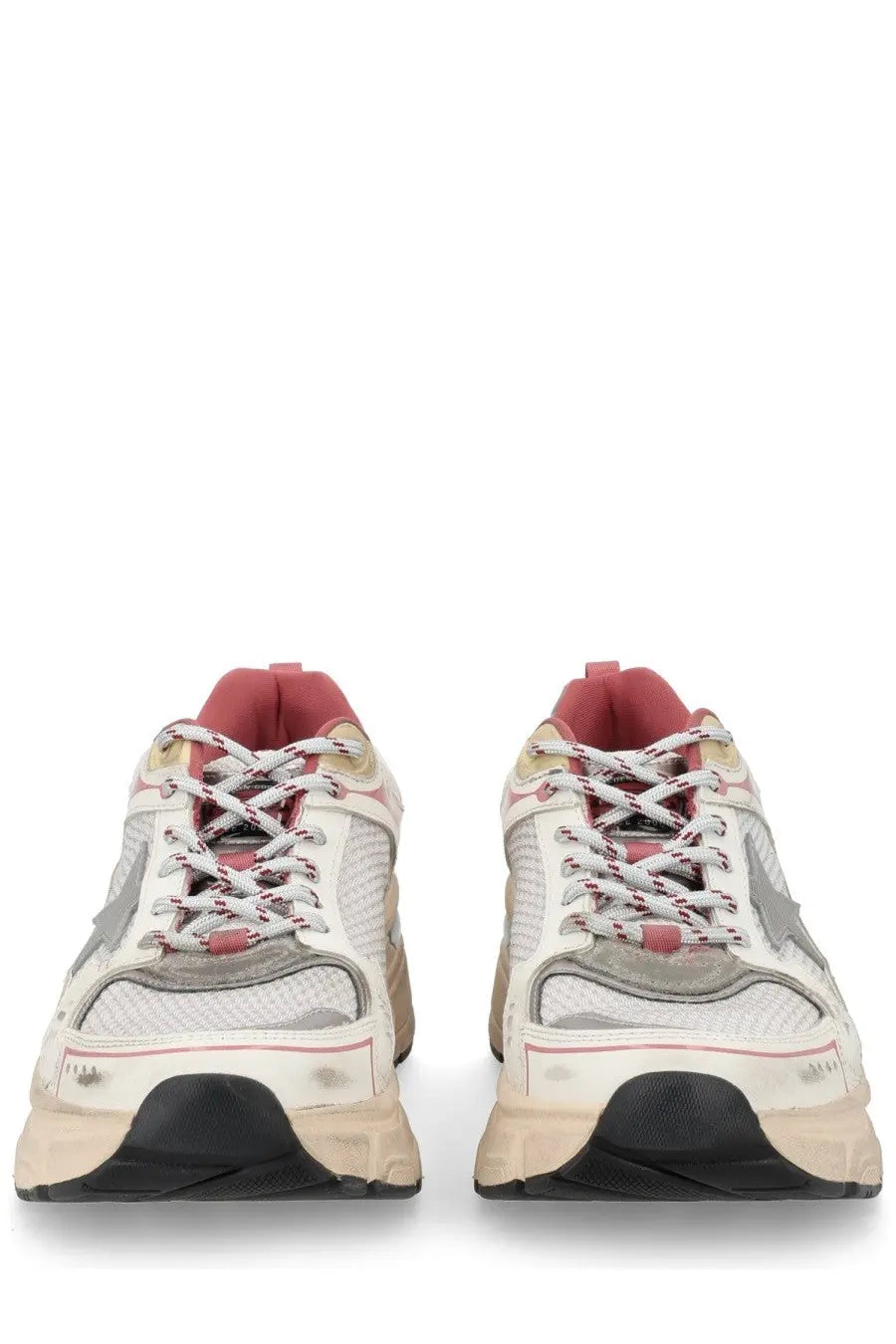 Golden goose women’s lightstar sneaker multicolor with white and pink mesh uppers gray star accents and chunky beige soles