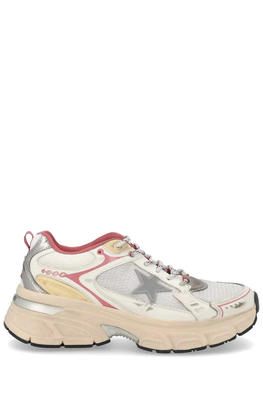 Golden Goose women’s Lightstar sneaker in white and pink with silver star emblem mesh panels and metallic accents