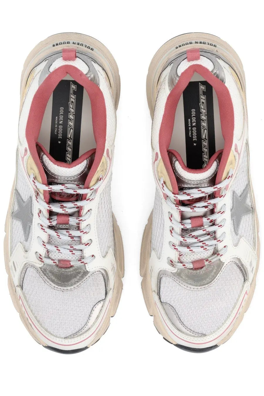 Golden Goose women’s Lightstar sneaker in white and pink leather with silver star accents and chunky beige sole
