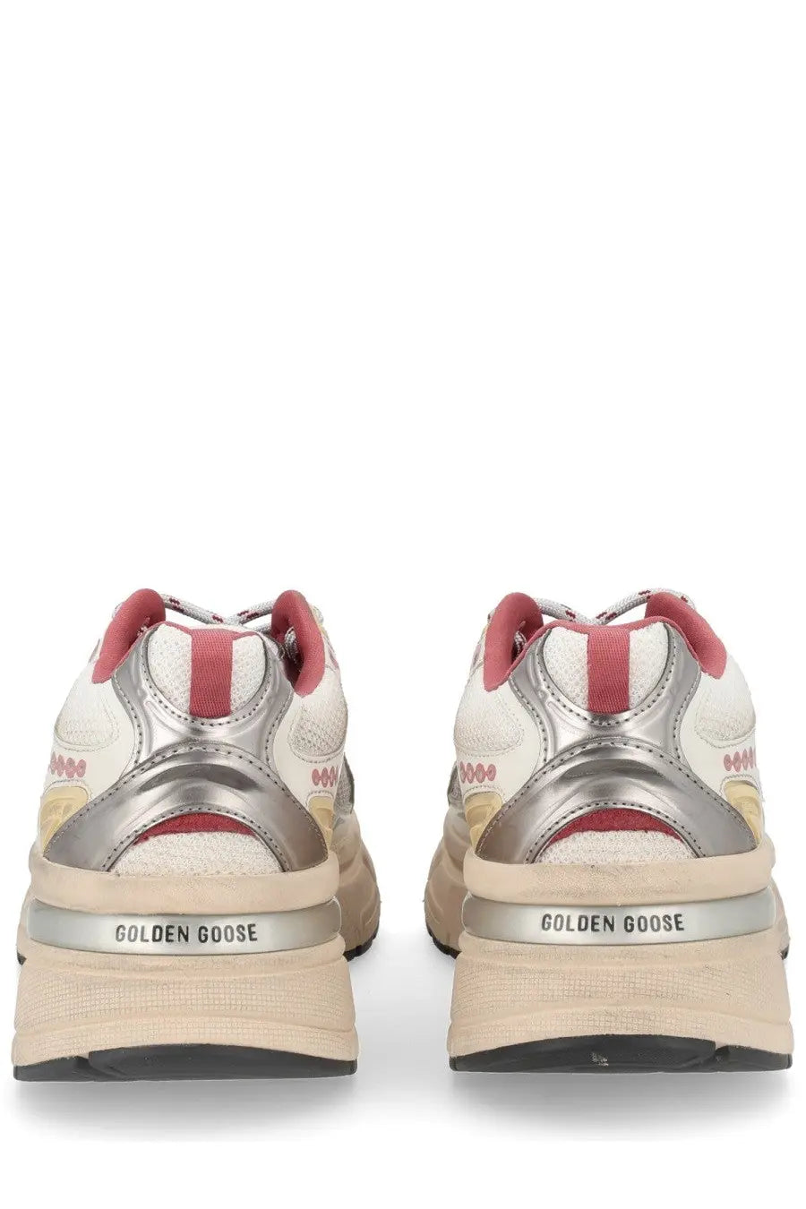 Golden Goose women’s Lightstar sneaker in white and pink leather with silver metallic heel and tongue accents