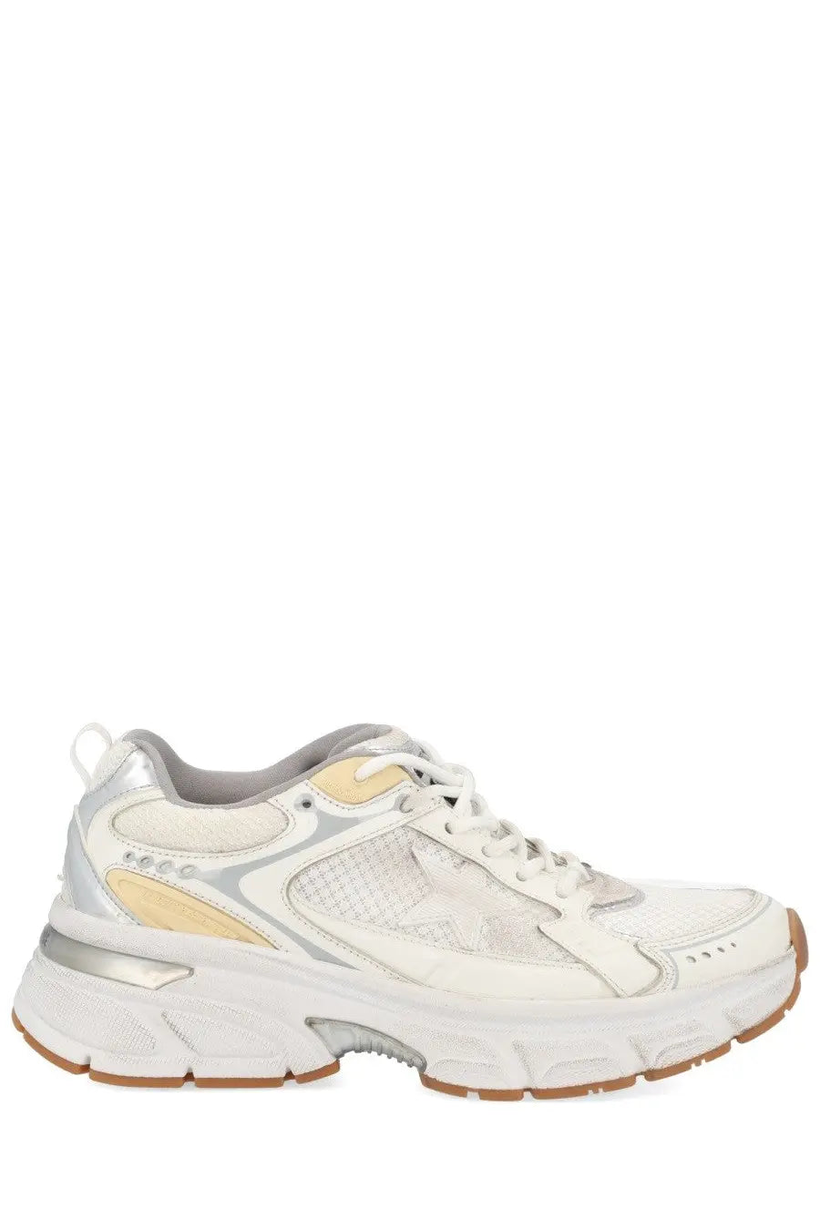 Golden Goose women’s Lightstar sneaker white chunky with white silver beige mesh and synthetic leather materials