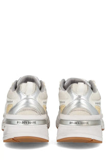Golden goose women’s lightstar sneaker white with white and silver chunky sole metallic accents and beige suede details
