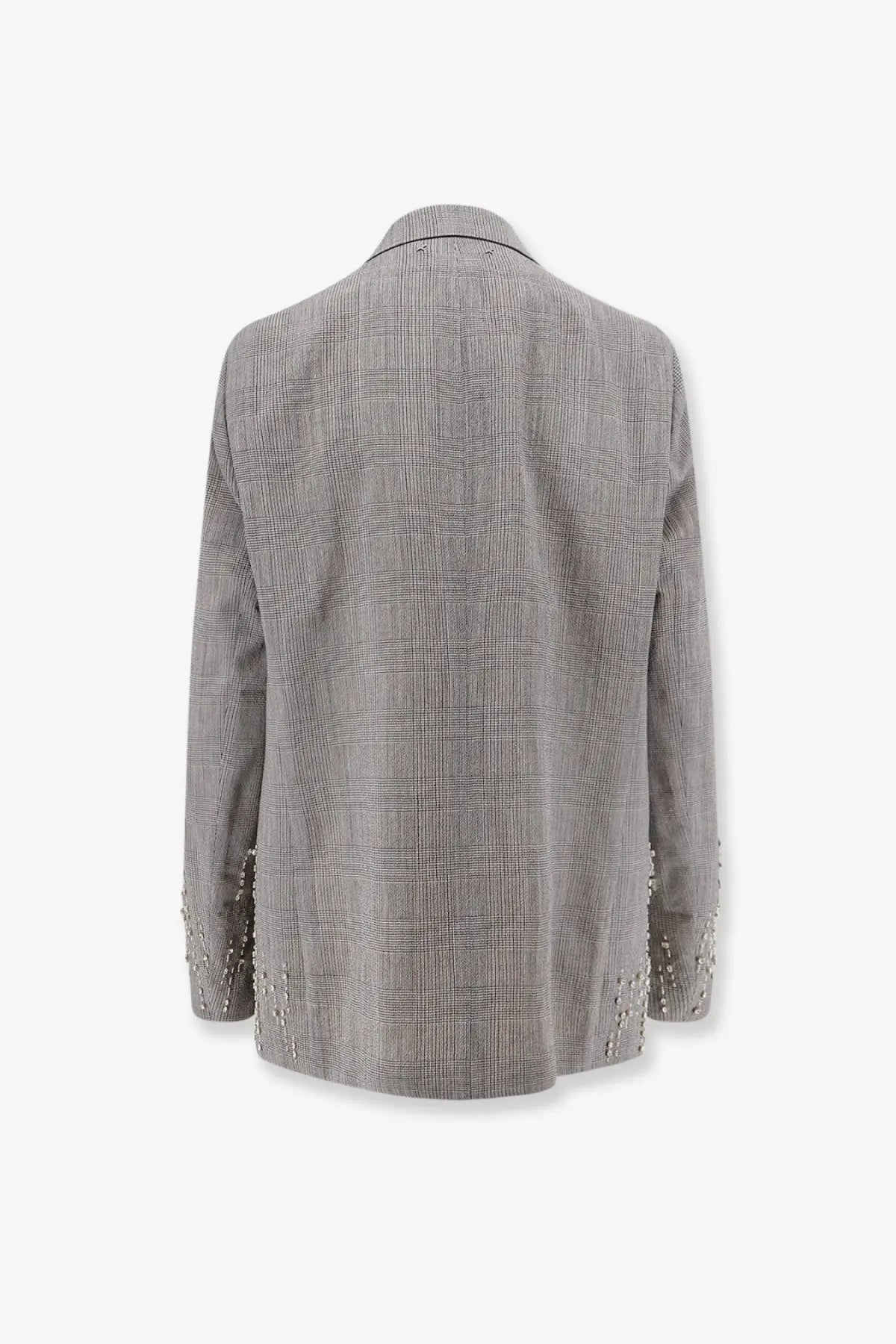 Golden Goose women’s Maia grey virgin wool blazer with pearl embellishments on the cuffs and gray plaid pattern
