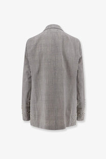 Golden Goose women’s Maia grey virgin wool blazer with pearl embellishments on the cuffs and gray plaid pattern