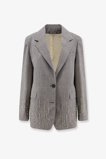 Gray virgin wool blazer by golden goose women with silver bead detailing on lower hem and sleeves