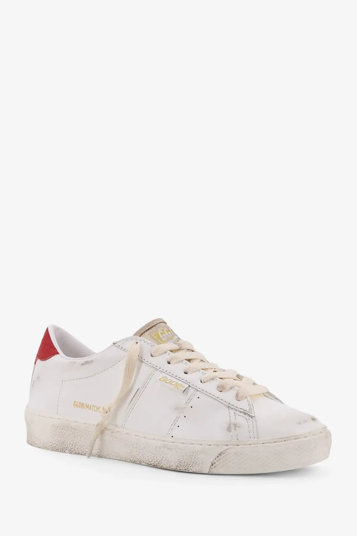 Golden Goose women’s Matchstar leather sneakers white low-top with distressed leather red heel tab and gold branding