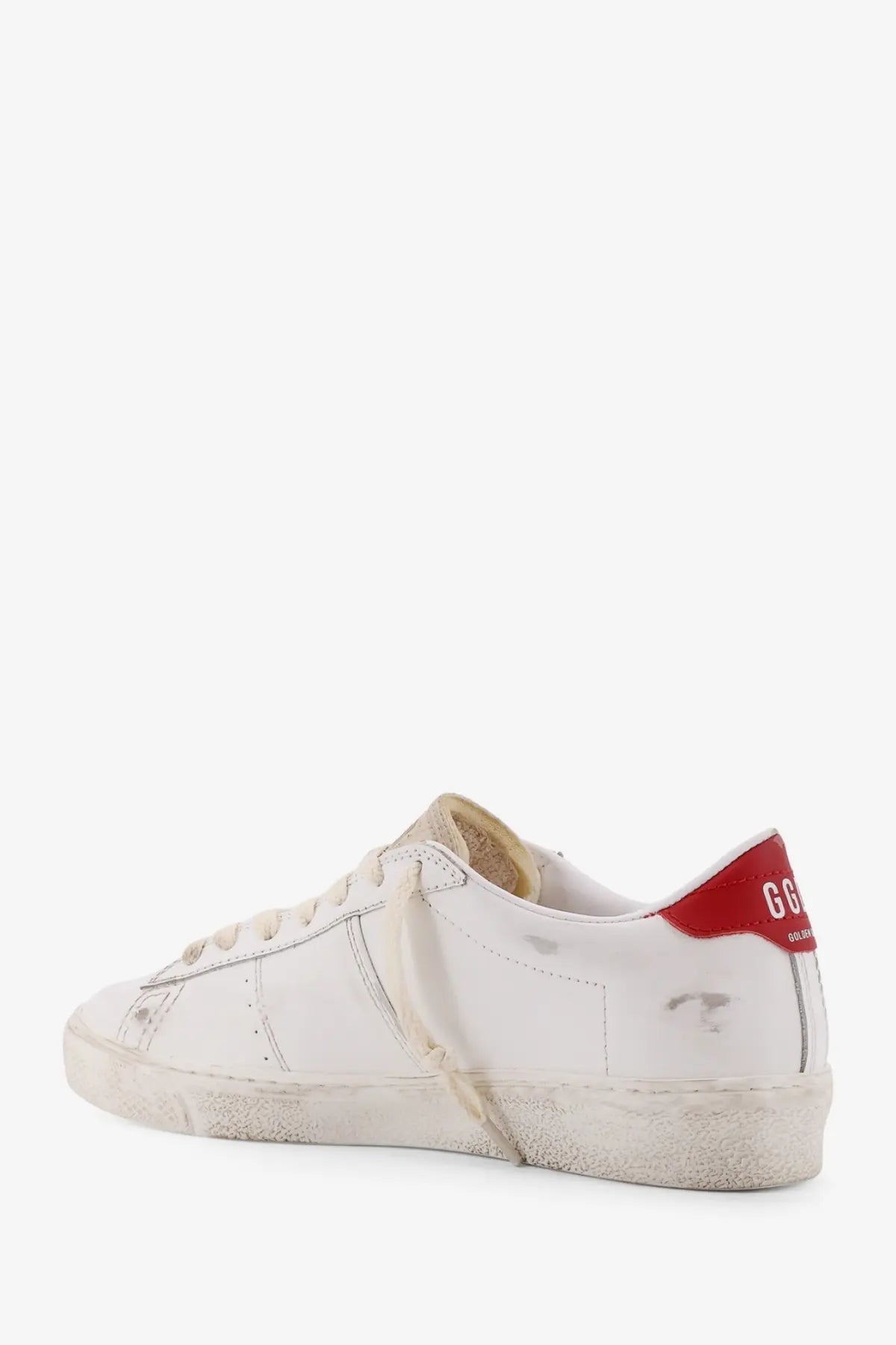 Golden Goose women’s Matchstar leather sneaker in white with distressed texture and red heel tab shown from the back