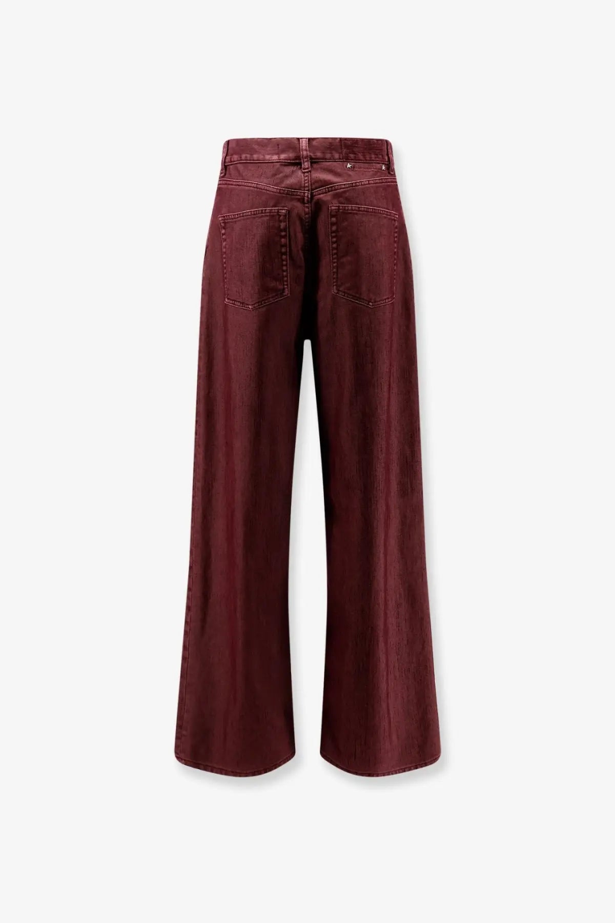 Back view of golden goose women’s melody boyfriend fit blue denim trousers with wide legs and classic back pockets