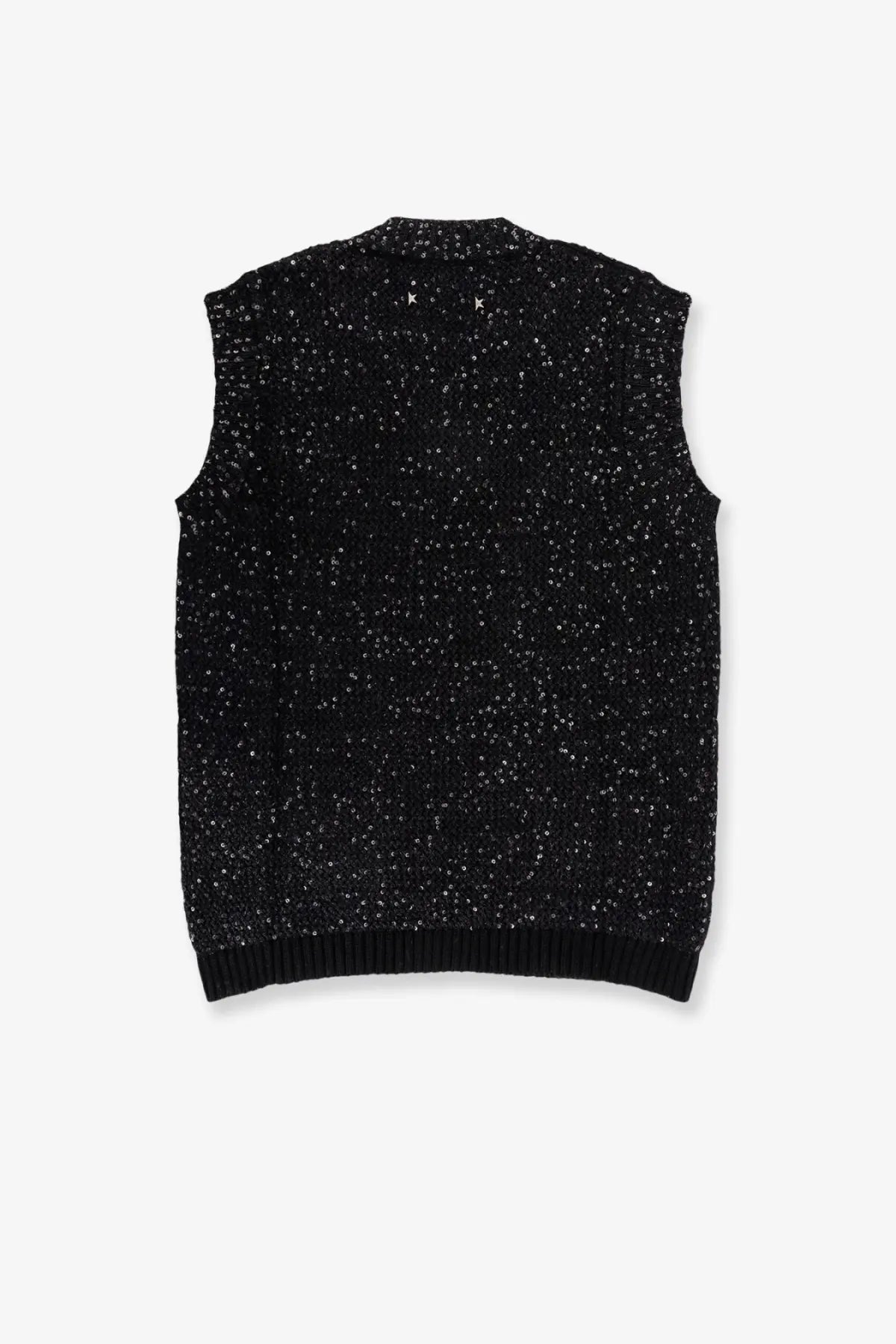 Black knitted sleeveless vest with subtle silver glitter speckled pattern from Golden Goose women’s Melyssa line