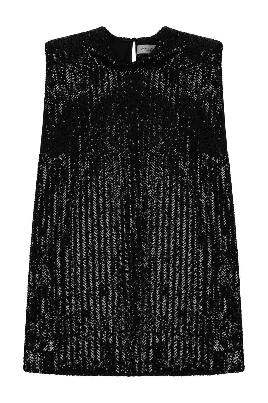 Golden goose women’s mini dress black featuring a black sleeveless knit top with a silver and black herringbone pattern