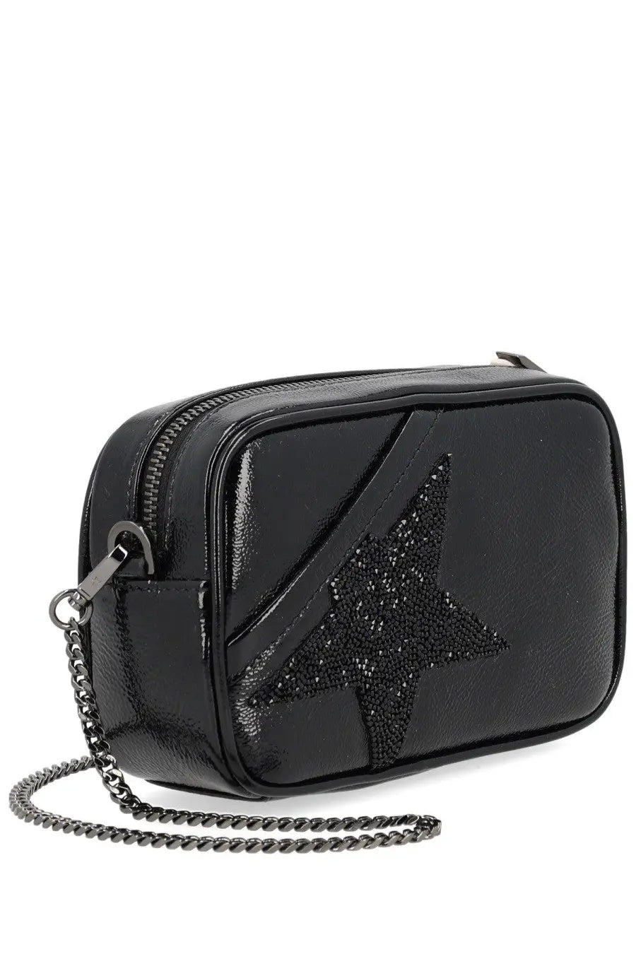 Golden goose womens mini star bag black glossy leather crossbody with a prominent star embellished with sparkling beads