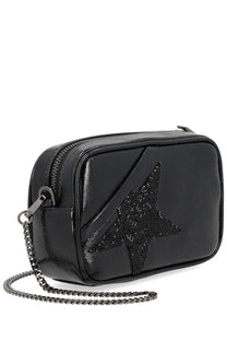 Golden goose womens mini star bag black glossy leather crossbody with a prominent star embellished with sparkling beads