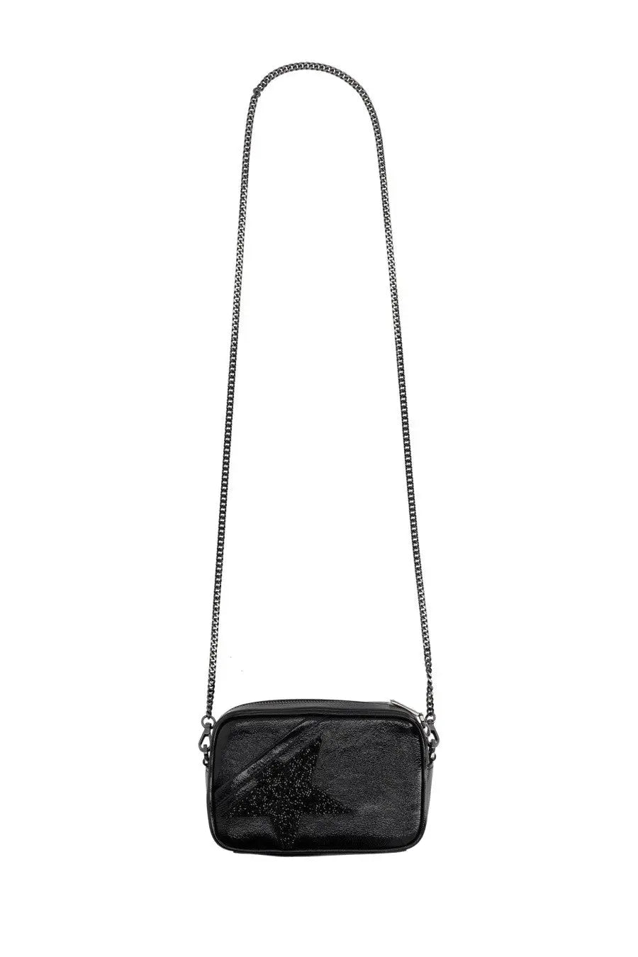 Golden Goose women’s mini star bag black leather crossbody with glittering star design and silver chain strap