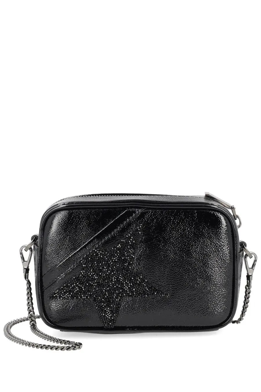 Golden goose women’s mini star bag black patent leather crossbody with glittering star and silver chain strap