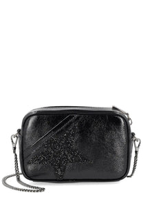 Golden goose women’s mini star bag black patent leather crossbody with glittering star and silver chain strap