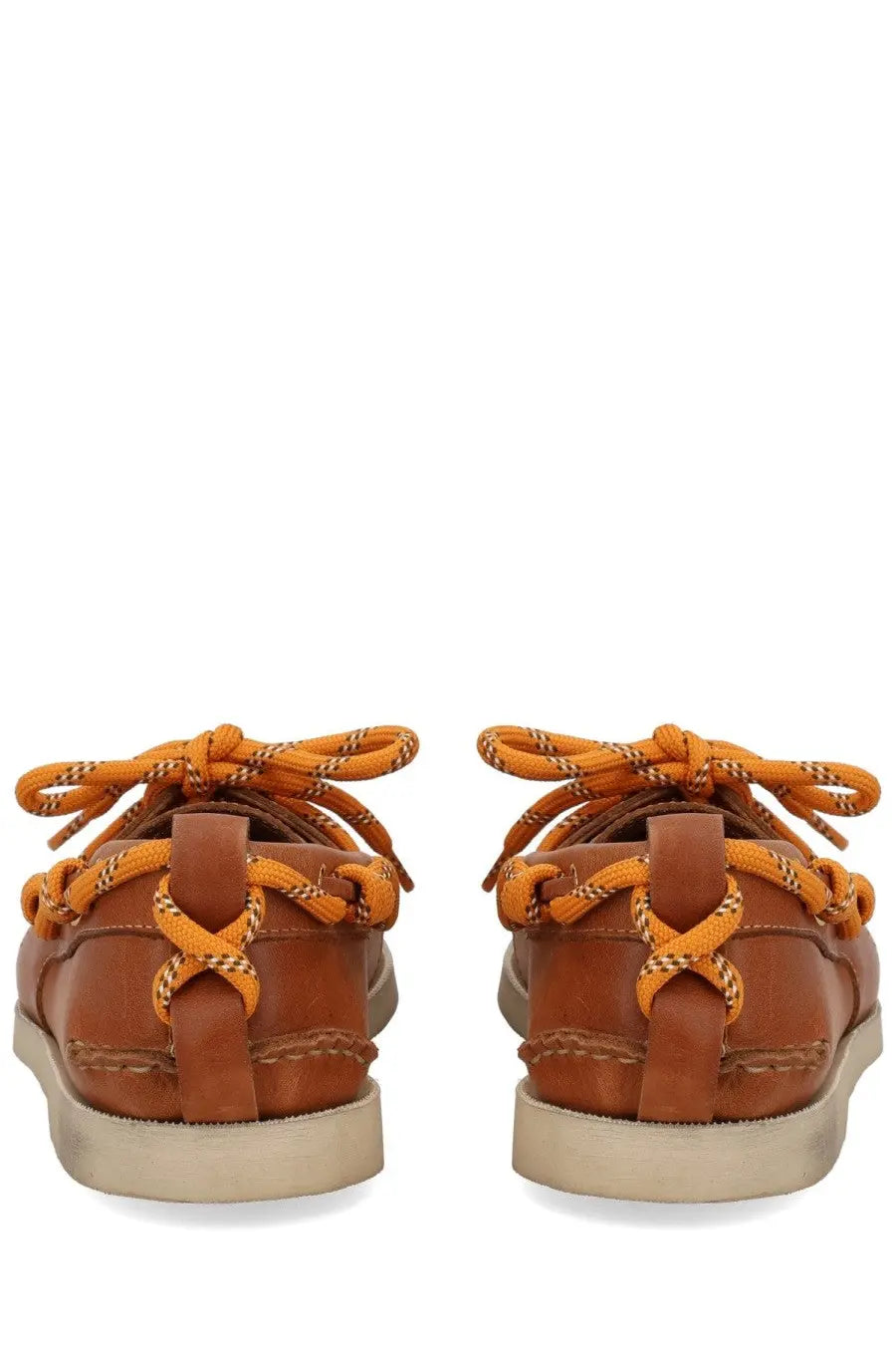 Golden goose women’s moccasin cruise brown leather boat shoes with orange braided laces