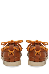 Golden goose women’s moccasin cruise brown leather boat shoes with orange braided laces