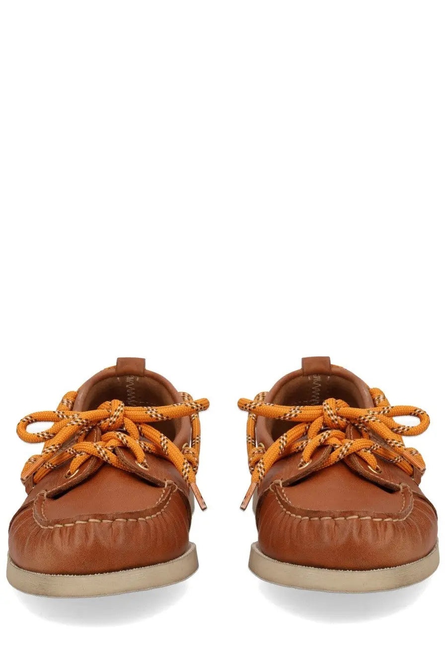 Golden Goose women’s moccasin cruise brown leather boat shoes with orange laces front view