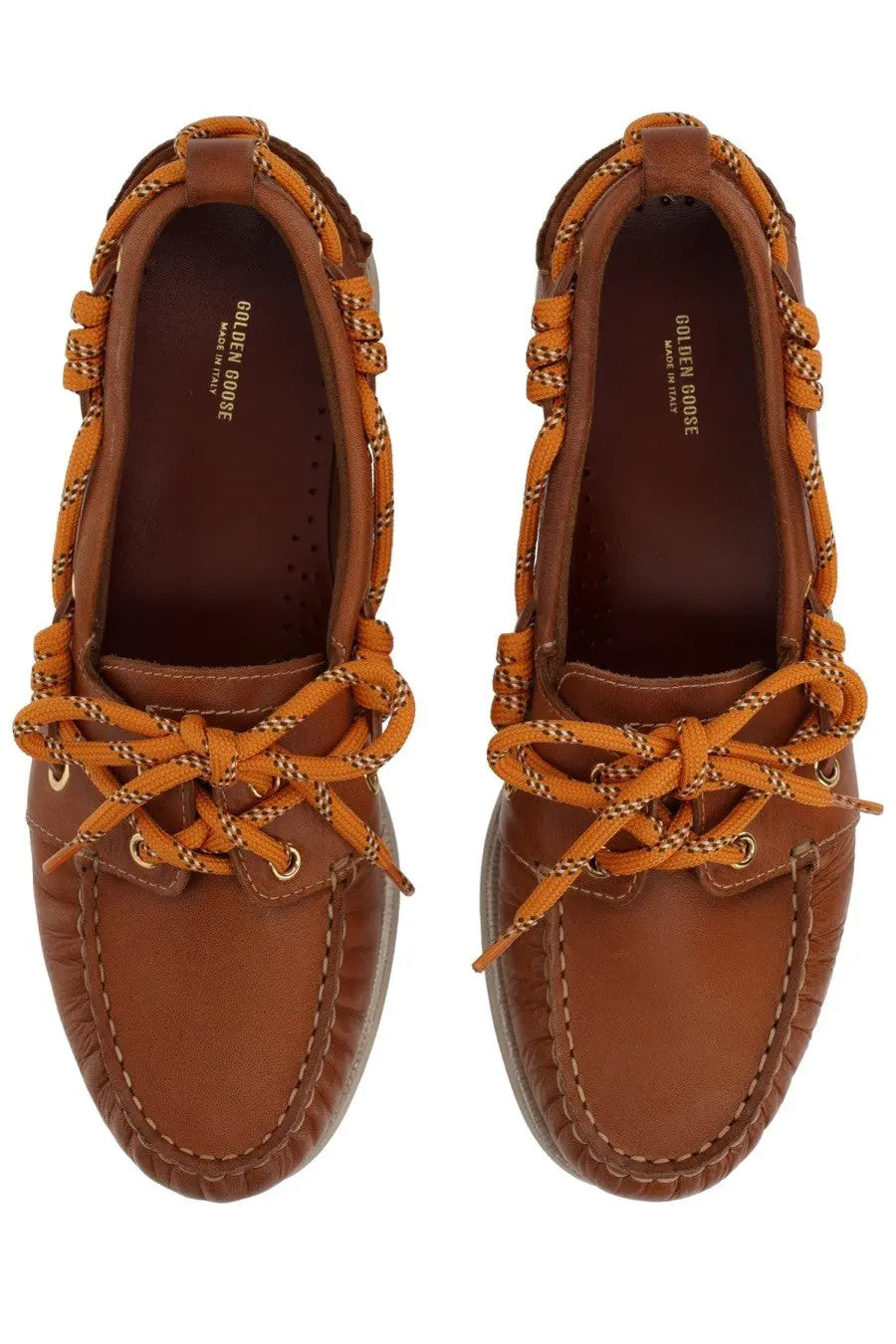 Golden Goose women’s moccasin cruise brown leather boat shoes with orange braided laces and gold-tone eyelets
